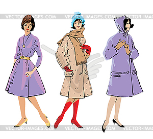 Set of elegant women - retro style fashion models - color vector clipart