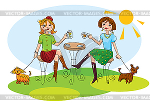 Happy friends have cups of coffee and chatting - vector clipart / vector image