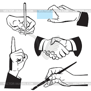 Hands - different gestures. Black and white - vector image