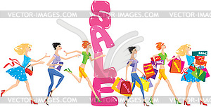 Sale cartoon with group of funny girls in shopping - vector clipart