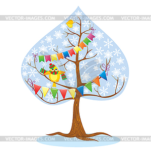 One of Four seasons - winter - tree and funny bird - vector clip art