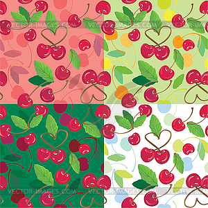 Red cherries with green leaves on green, pink, whit - vector clipart