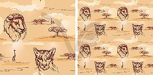 Lion and cheetah heads. Seamless pattern - vector image