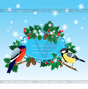 Bullfinch and tit with Christmas tree - oval frame - vector image