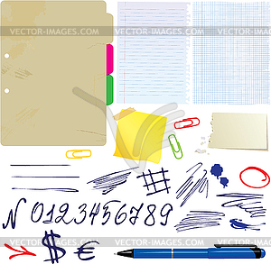 Different papers, numbers and symbols set - vector clipart