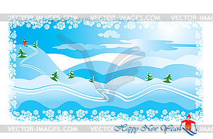 Winter landscape with skier: snow hills and pines - vector clip art