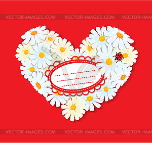 Heart is made of daisies on red background. - vector clip art