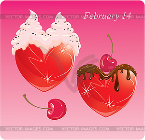 Hearts with chocolate and cream. Valentines Card - vector image