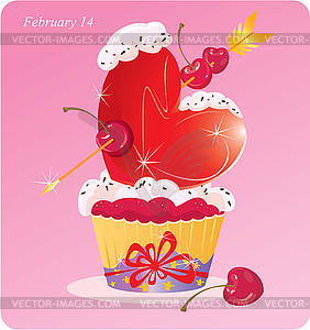 Cute Cupcake with Heart, arrow and cherry. - vector clipart