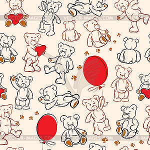 Seamless texture with teddy bears, hearts and - vector image