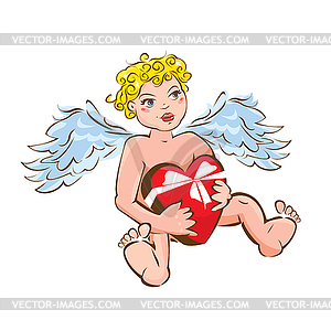 Funny angel with heart gift box. Sketch for - vector image