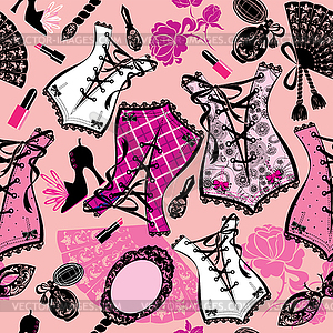 Seamless pattern with beautiful retro corsets, - vector image