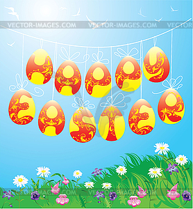 Hanging Easter eggs on spring blue sky background - vector clipart