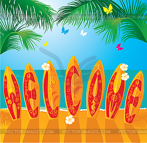 Summer Holiday card - surf boards with text WELCOME - vector clipart