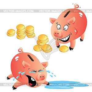 Set of emotions cartoons piggy bank and money - vector clipart / vector image