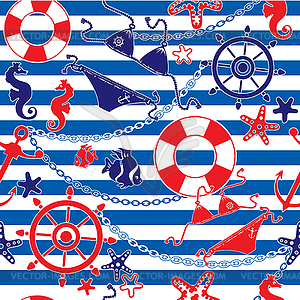 Seamless nautical pattern on striped background - vector image