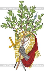 Knight's hand with laurel, shield and sword - vector clipart