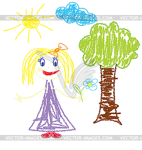 Crayon pained girl with flower - vector clipart