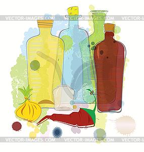 Water color bottles pepper and onion - vector clipart