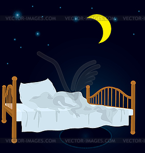 Unmade bed under moon - vector image