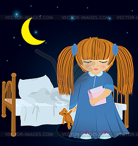 Cartoon sleepy girl near bed - vector image