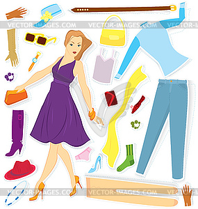 Clothes and girl sticker - vector image