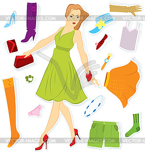 Clothes sticker and girl - vector clipart