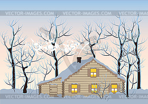 Домик в зимнем лесу - векторизованное изображение