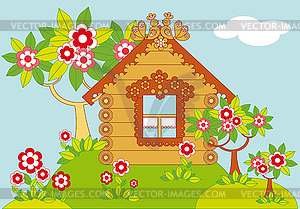 Landscape with house and flowering trees - vector clipart