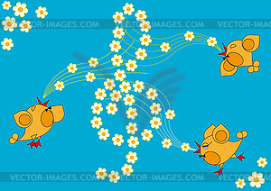 Little birds sing spring songs - vector clip art