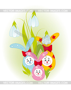 Easter bunnies and flowers - stock vector clipart