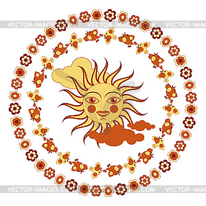 Sun, birds and flowers - color vector clipart