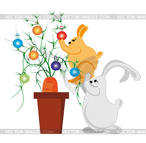 Bunnies dress up carrot for holiday - vector clipart