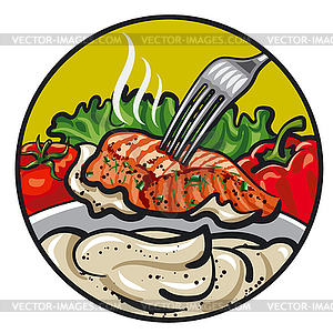 Grilled fish with sauce - color vector clipart