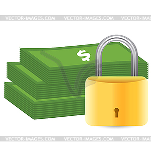 Money and padlock. Safety concept - color vector clipart