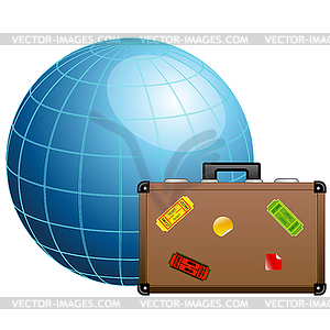 Travel concept. Blue globe and travel suitcase - vector clipart