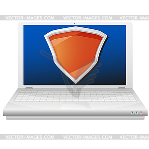 Концепция безопасности. Портативный компьютер и оранжевый щит - векторная иллюстрация