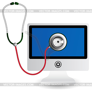 Monitor and stethoscope. Computer repair concept - vector clip art