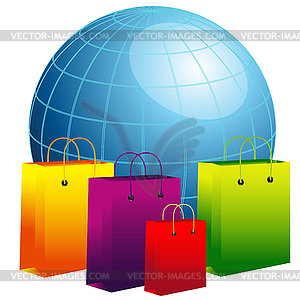 World globe with shopping bags - vector image