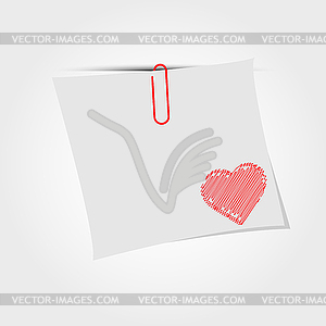 White paper note with clip and red heart - vector image