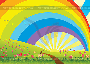 Rural landscape with rainbow - vector EPS clipart