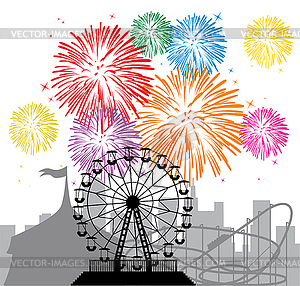 Fireworks, city and amusement park - vector clip art