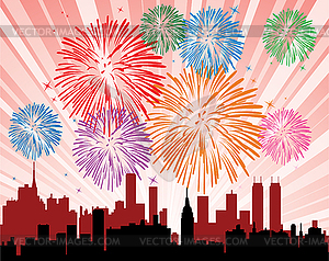 Fireworks over a city - royalty-free vector clipart