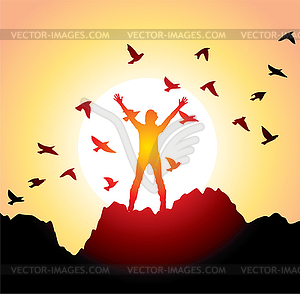 Girl and flying birds - vector image