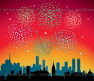 Fireworks over a city - vector clipart