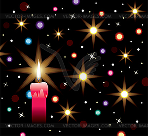 Burning candle, lights and stars - vector image
