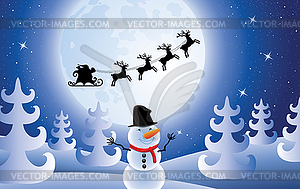 Santa claus, trees and snowman - vector clip art