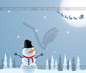 Snowman, flying santa claus and deers - royalty-free vector clipart