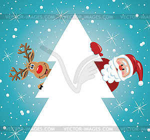 Holiday santa claus and reindeer with christmas tree - royalty-free vector clipart