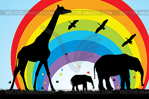 Giraffe and elephants - vector clipart / vector image